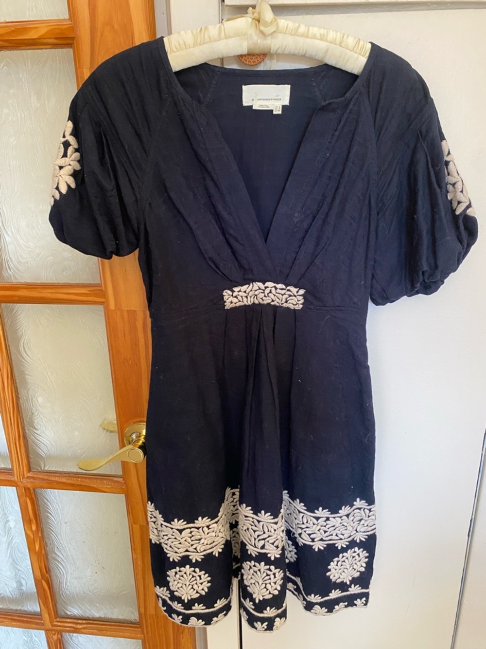 Anthropologie Black Mini Dress with Cream Floral Embroidery